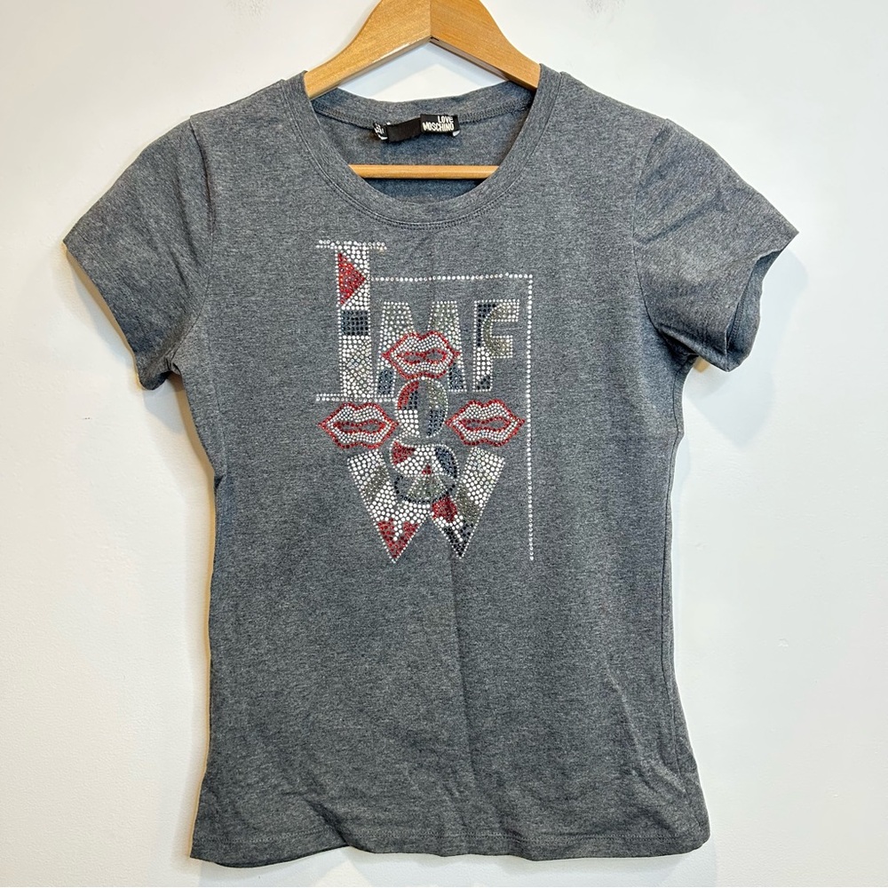 Love Moschino Crystal Design Short Sleeve Tee Shirt Grey